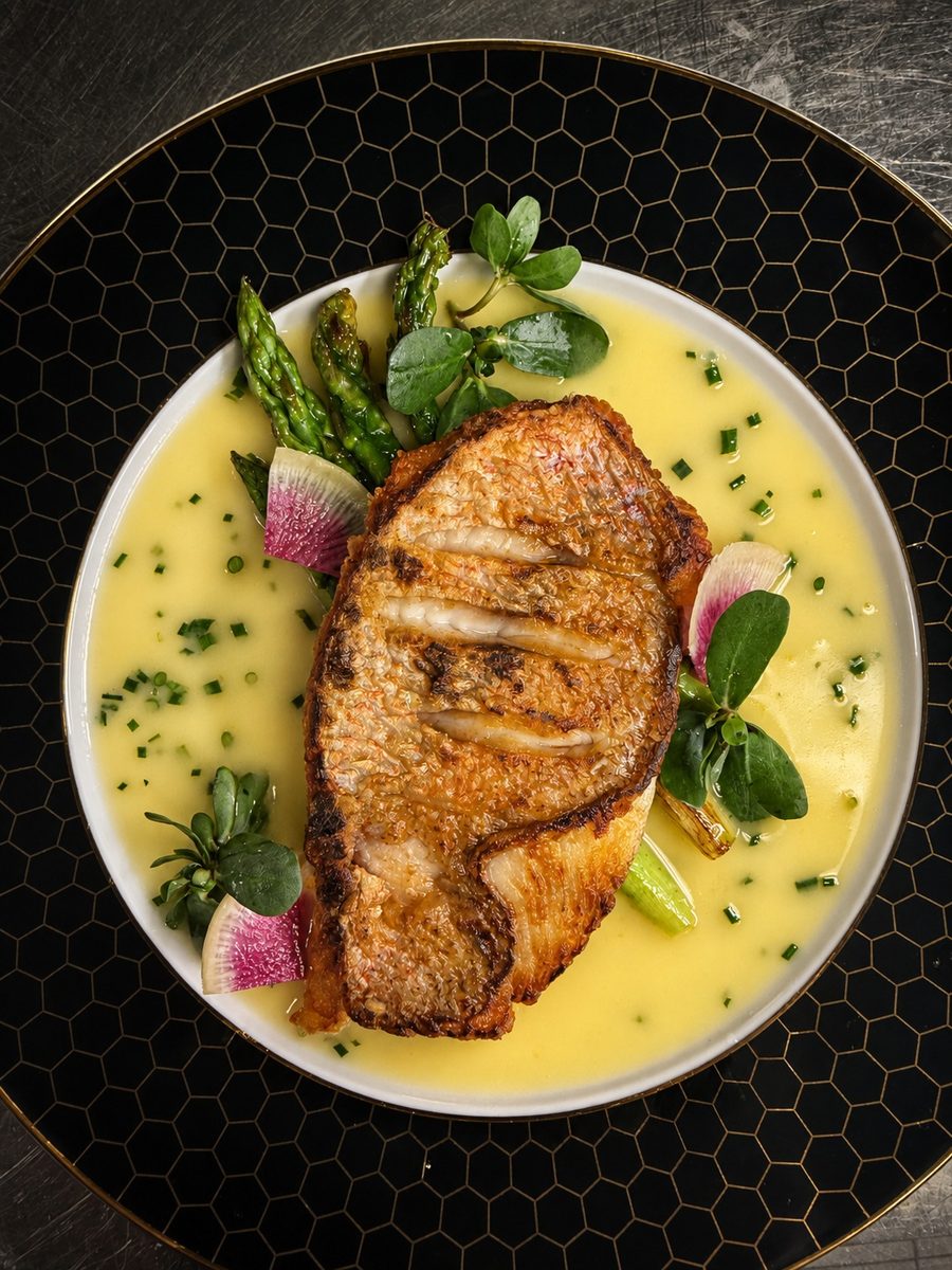 Roasted fish with citrus, herbs and sauce on a platter