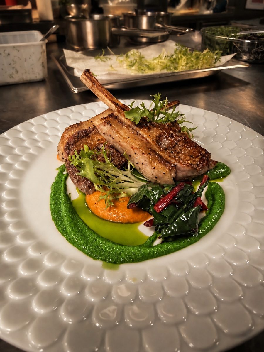 Seared lamb chop over a vivid green purée with radish